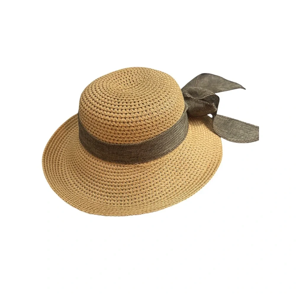 Woven Paper Straw Sun Hat with Large Olive Green Back Bow and Chin Strap